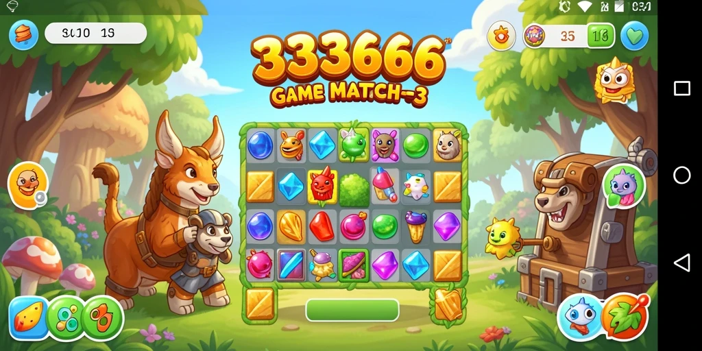 Screenshot gameplay 333666 menampilkan level Match-3 yang menantang dan berwarna-warni.