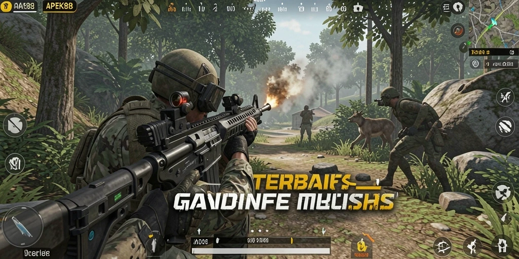 Screenshot APEK88 menampilkan aksi tembak-menembak intens di battlefield.