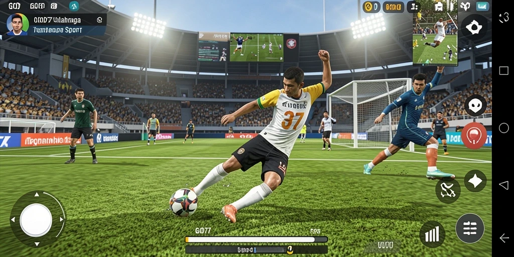 Screenshot menampilkan gameplay dinamis dalam pertandingan olahraga yang seru.