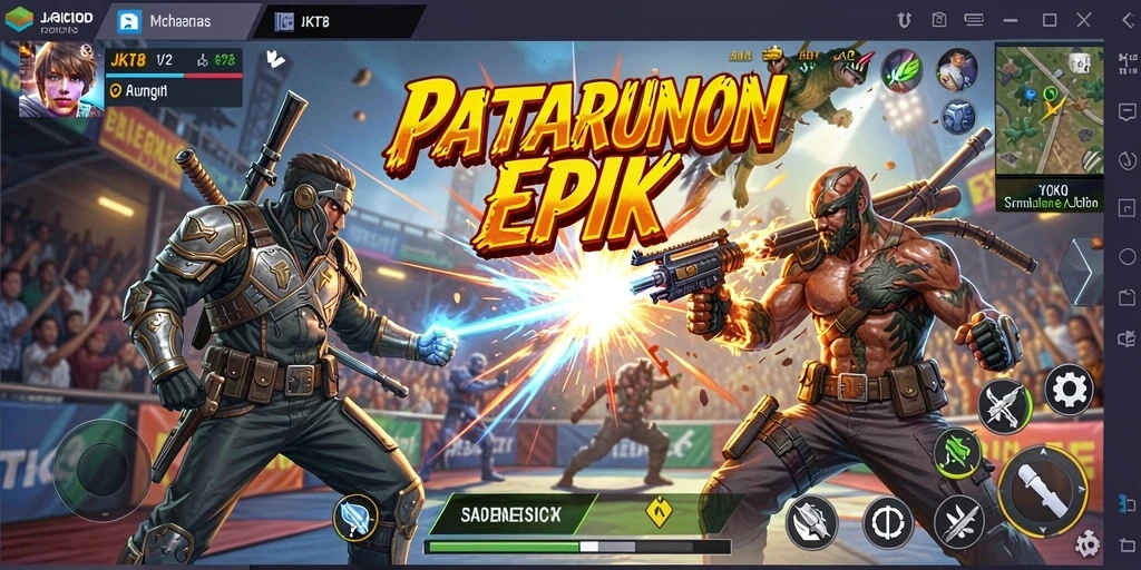 Screenshot utama JKT8 menampilkan aksi Battle Royale yang seru.