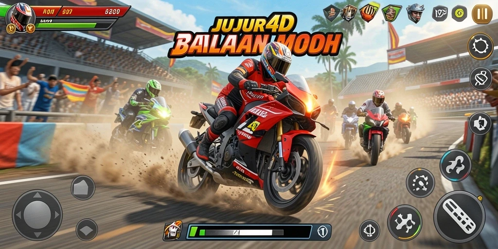 Tampilan gameplay JUJUR4D yang mendebarkan saat balapan motor.