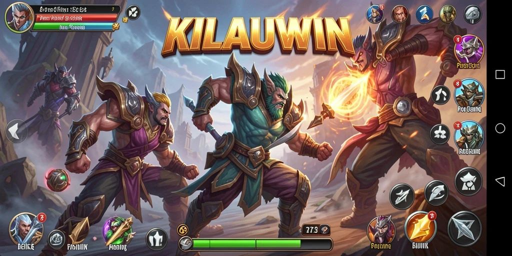 Tampilan layar pertarungan epik dalam KILAUWIN dengan karakter yang beraksi.