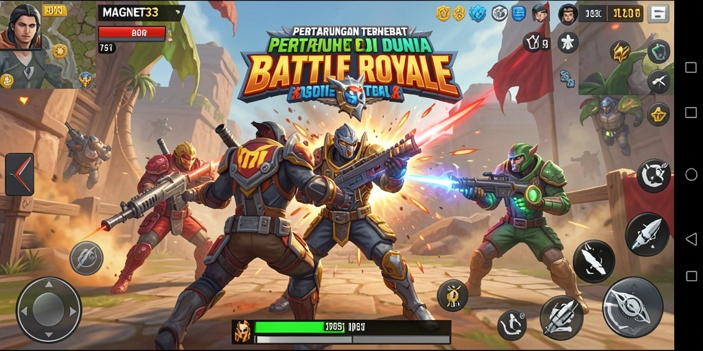 Screenshot MAGNET33 menampilkan pertarungan heroik di arena Battle Royale.