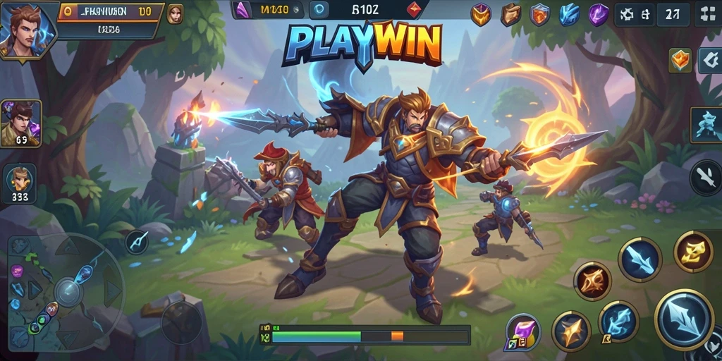 Screenshot utama PLAYWIN menampilkan aksi pertarungan seru dalam game MOBA.