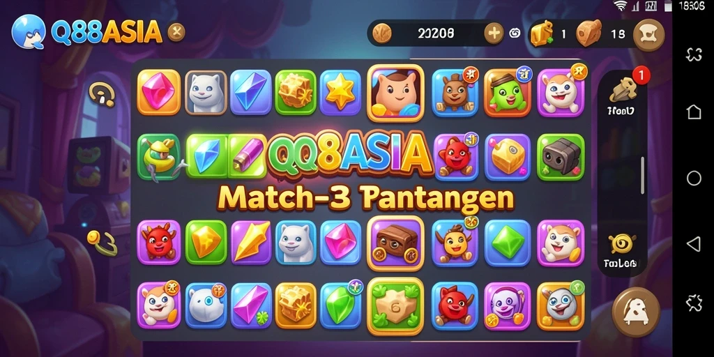 Screenshot gameplay <strong>QQ88ASIA</strong> menampilkan aksi seru permainan Match-3.