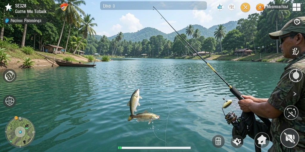 Screenshot utama SE328 menampilkan pemain dalam aksi menangkap ikan di danau yang indah.