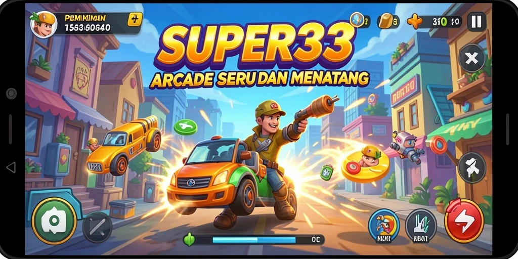 Tampilan gameplay SUPER33 yang seru dan menantang di arena arcade.