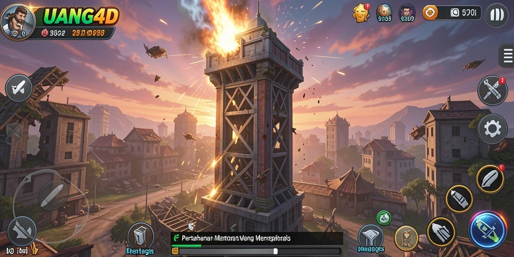 Tampilan gameplay UANG4D dengan menara dan musuh yang strategis.